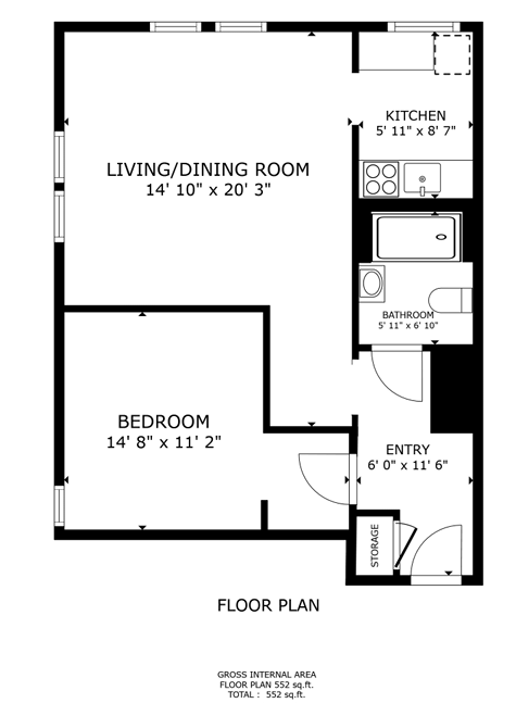 Floor plan for 1 bed, 1 bath, 590 sqft